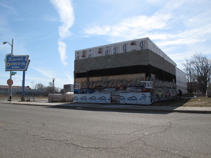 Workers are rehabbing the former Dave's Drive-In on Piquette for Bucharest Grill's third location in Detroit. It is scheduled to open by summer. (credit Bill McGraw) 