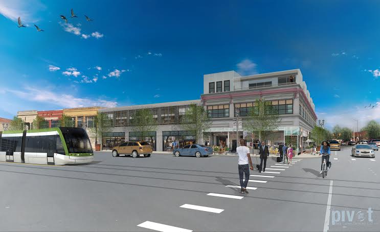 An artist's drawing of Baltimore Station, a proposed apartment project at East Baltimore and Woodward. (credit: Pivot Real Estate Services LLC) 